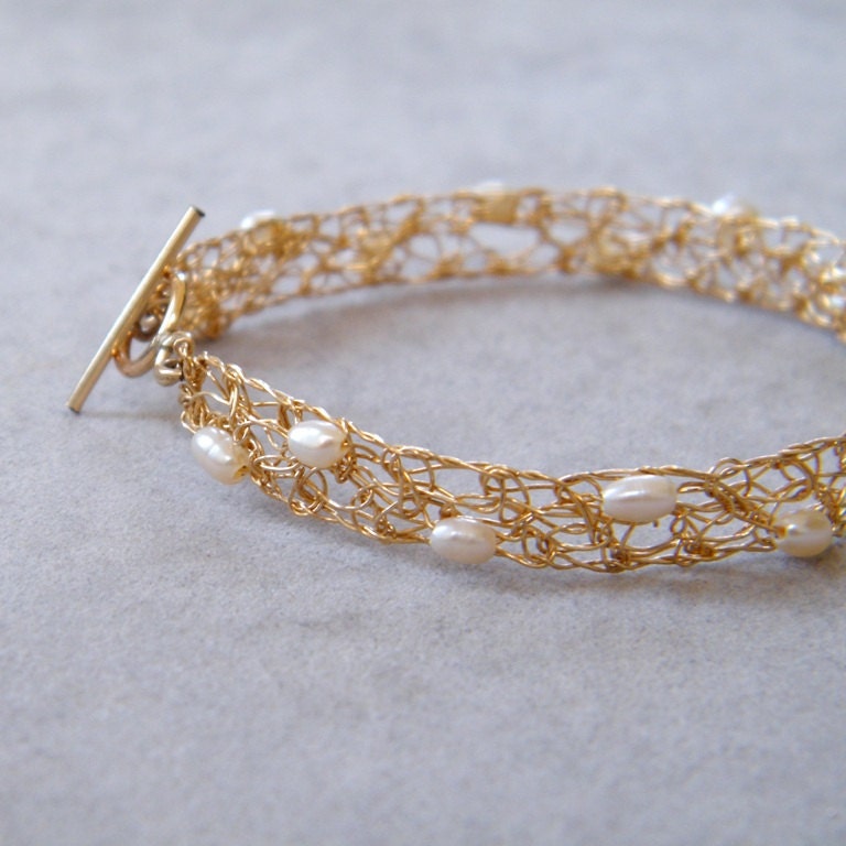 Pearl and Gold Bracelet, Crochet Gold Wire, Fresh Water Pearl Bracelet,