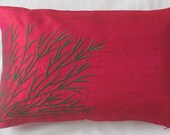 cerise oblong silk cushion cover with green coral branch embroidery 12X18 inch decorative throw pillow