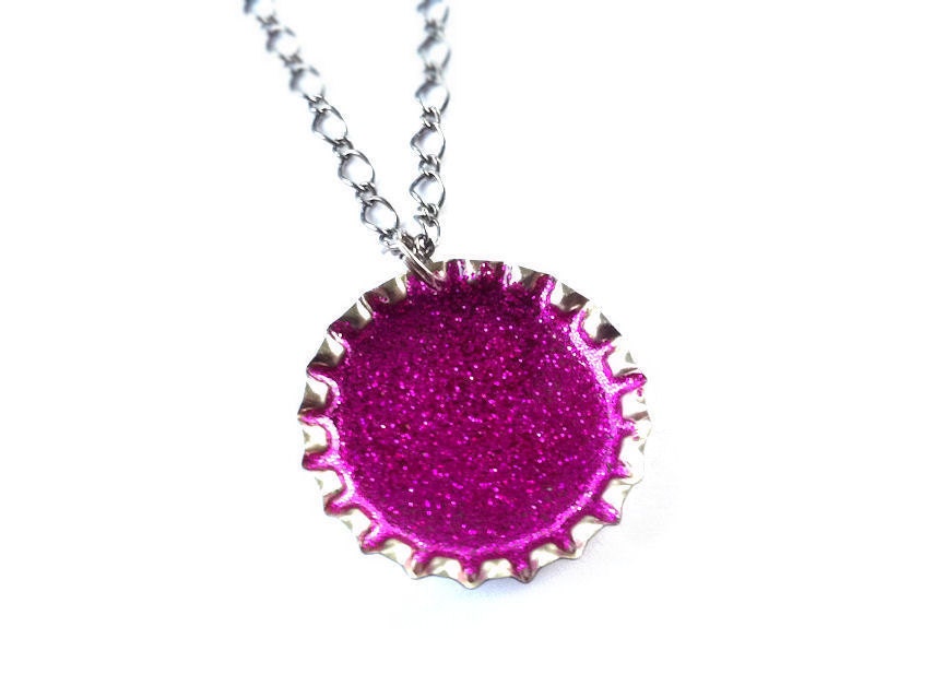 Fuschia Pink Bottlecap Necklace. Bright Sparkling Glitter Pendant by Everyday Bohemian.