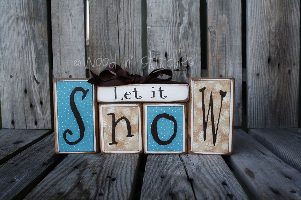Snow Winter Christmas LET IT SNOW Block Primitive Wood Set snowflake snowman collector  home seasonal decor