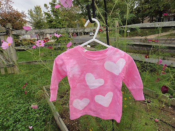 SALE Baby T-Shirt: Pink with Batik Hearts, Long Sleeves (12 months) Ready to Ship