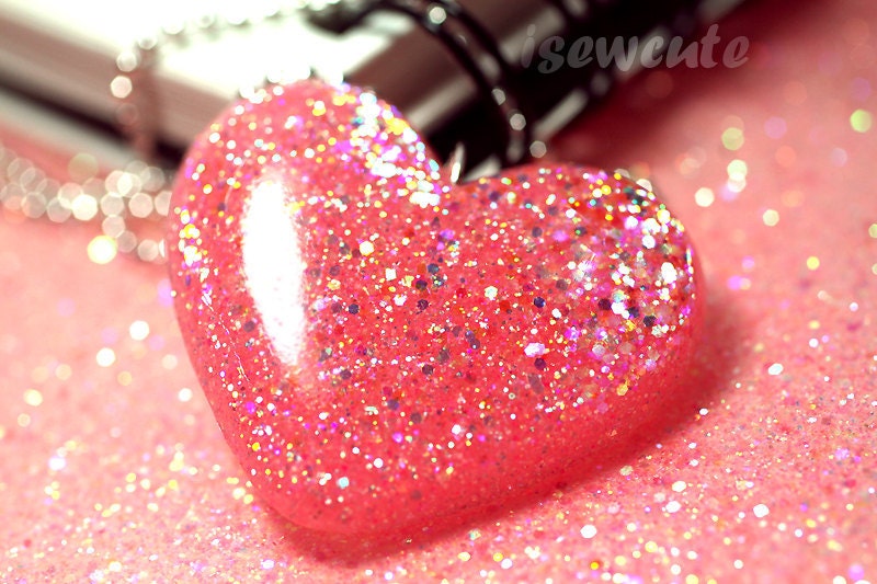 Think Pink and Shimmery Glittery Big Heart Resin Pendant Necklace Cute Romantic Fun For a Special Occasion by isewcute