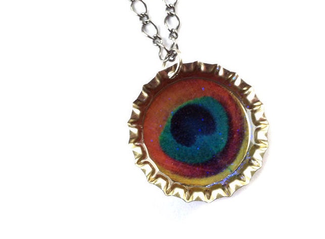 Peacock Feather Necklace. Brown & Teal Bottlecap Pendant.