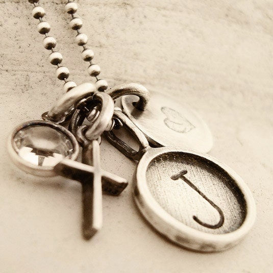 rustic initial charm necklace ... personalized hand stamped sterling silver necklace... shabby chic rustic necklace...