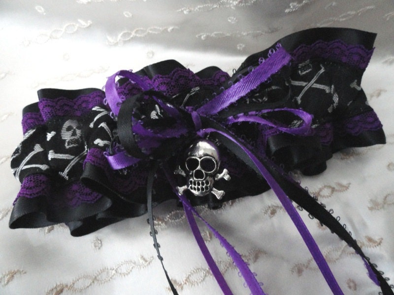 Purple Lace- Black Satin Skull Crossbones Garter-Goth-Pirate-Wench-Bachelorette Party-Maids-Costume