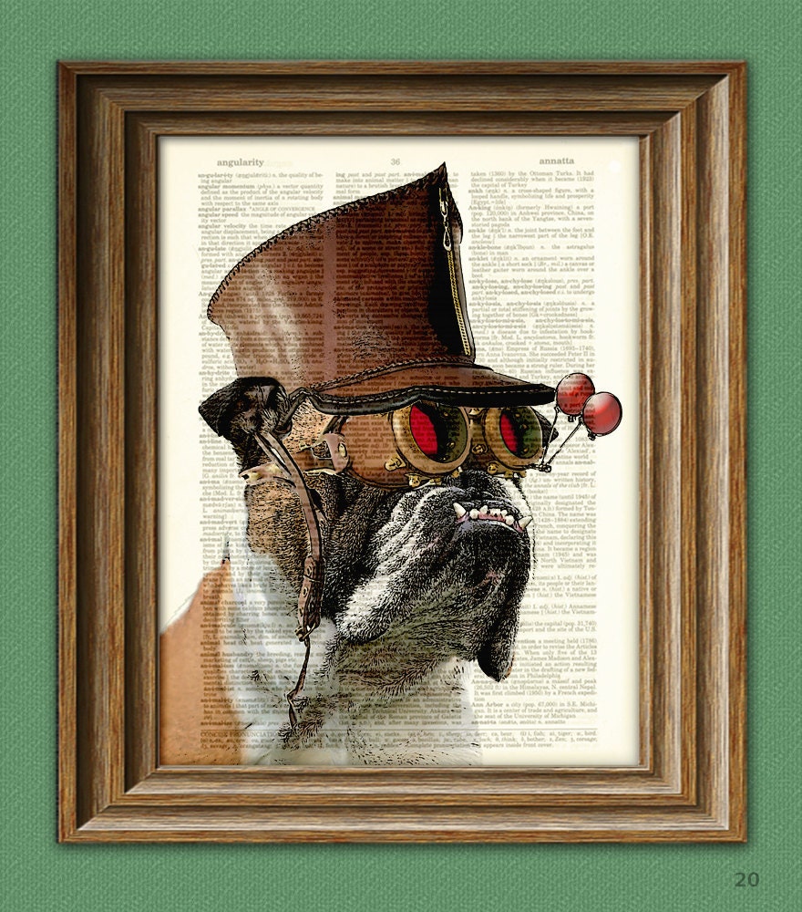 Bulldog Art Print Steampunk Dog "The Marquis De Butch" illustration beautifully upcycled dictionary page book art print
