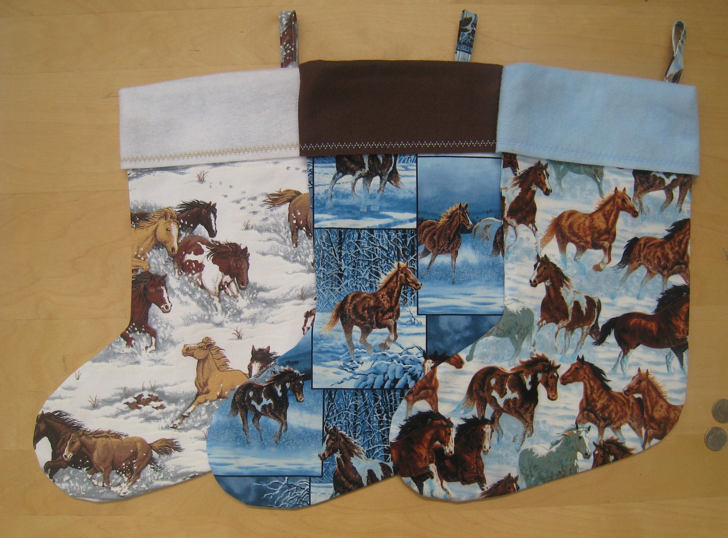 Horses Christmas Stocking 16"L x 12.5"W White, Light Blue or Brown Felt Cuffs, Embroidery, Interface & Cotton Lining, Invisible Stitching