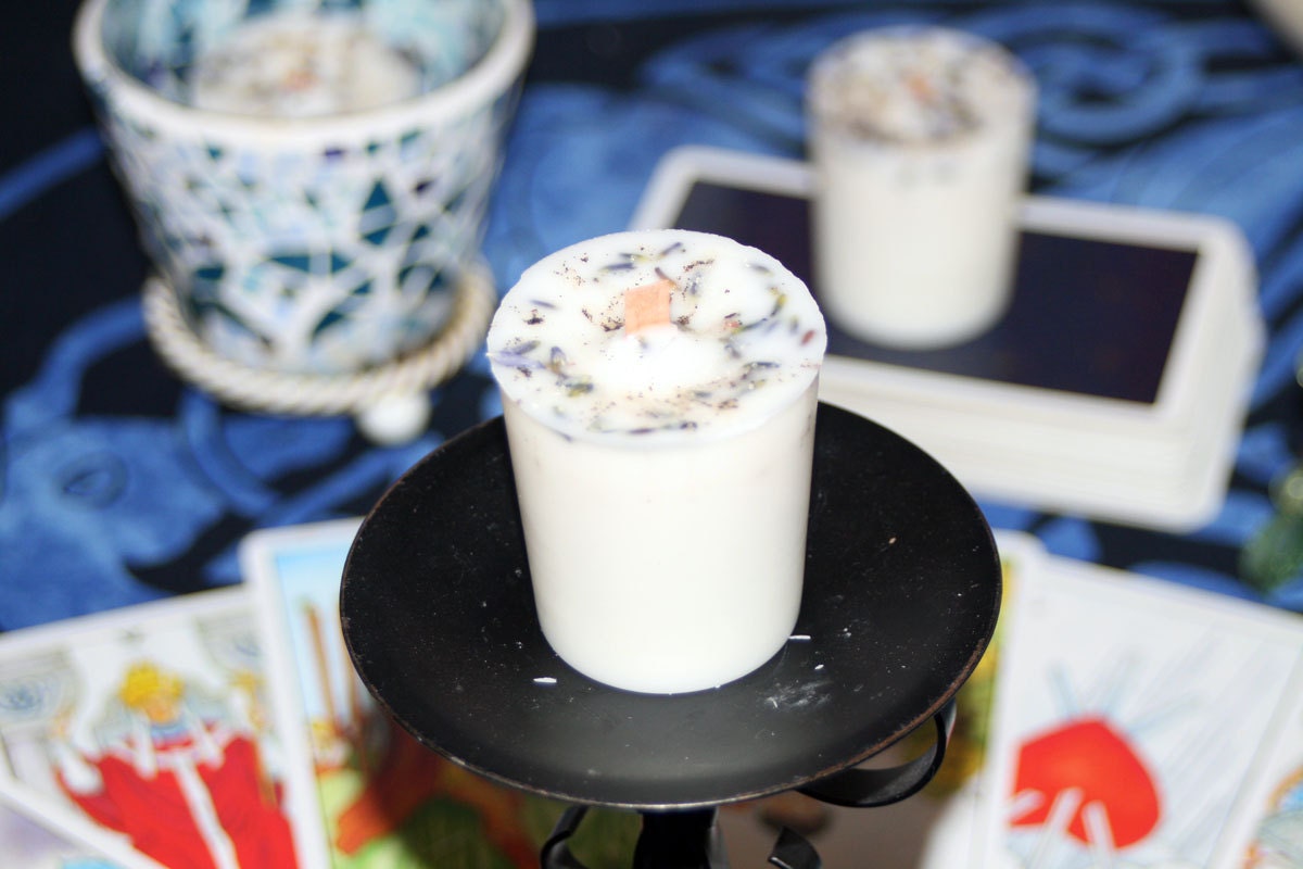 BRIGHT MAGIC white soy candle votive - organic oils and dye free - for cleansing, raising vibrations, wicca / witchcraft / magic