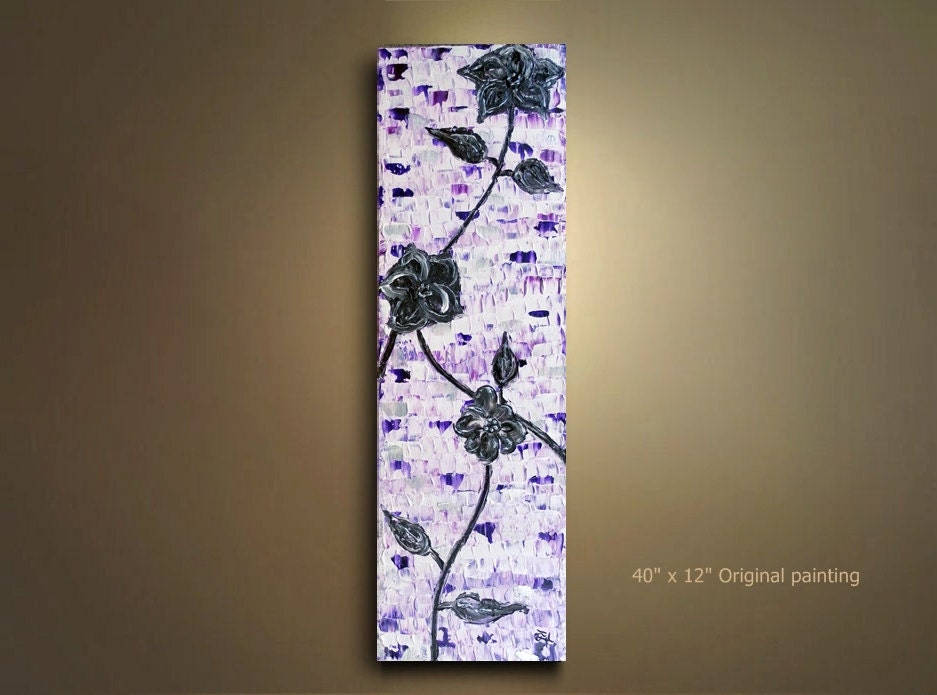 ORIGINAL Purple Flower Art Painting Abstract purple silver Texture Art painting great metallics 12x40 Modern acrylic Made to Order by OTO