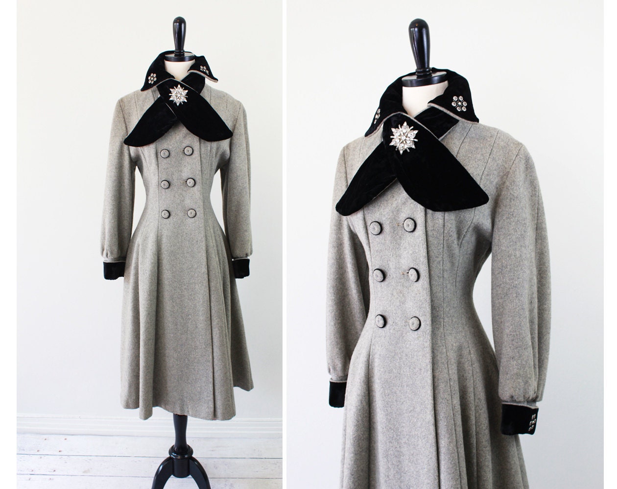 vintage 1950s 50s coat // Grey Wool Dress Coat with Black Velvet and Rhinestone Accents and Pink Lining