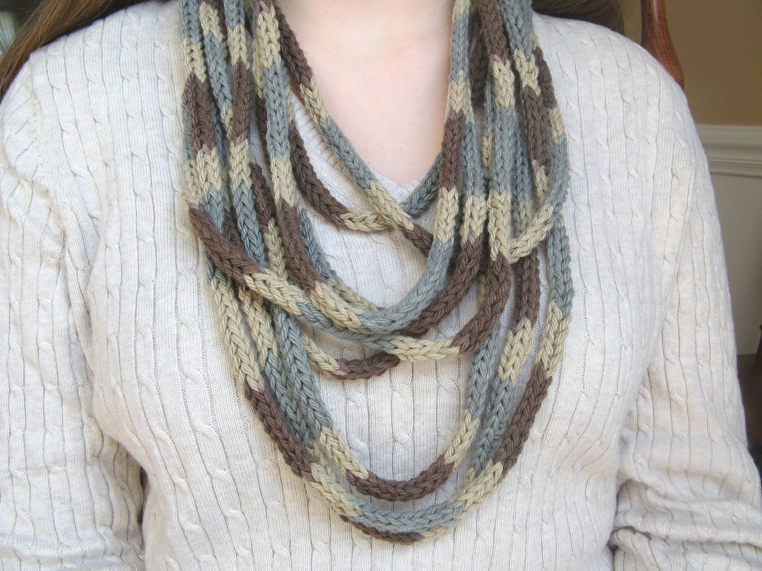 Necklace Yarn Hand Knit Neutrals Brown Aqua Tan 7 Yards