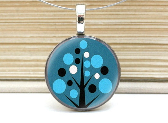 festive blue tree necklace on repurposed nickel