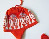 Knit Kids Hat Cotton Handmade Ear Flap Cap in a Galaxy Far Far Away Bright Orange Silver Ecru