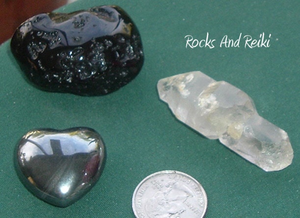 Center My Mind And Spirit Into The Spiritual Realms Gemstone Set - Tibetan Quartz Scepter - Tektite - Hematite Heart - A985