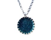 Reserved for Teresa, Marine Blue-Green Bottlecap Necklace. Resin Glitter Pendant by Everyday Bohemian.
