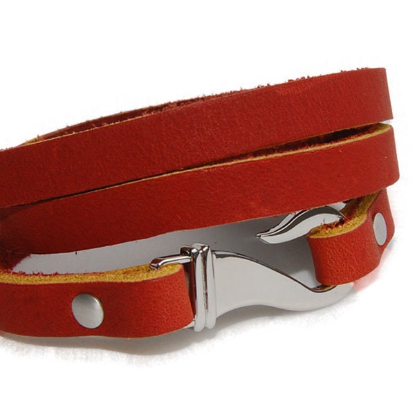 Caramel Karma - Tanned Brown Leather Wrist Wrap Bracelet with Modern Steel Hook Clasp