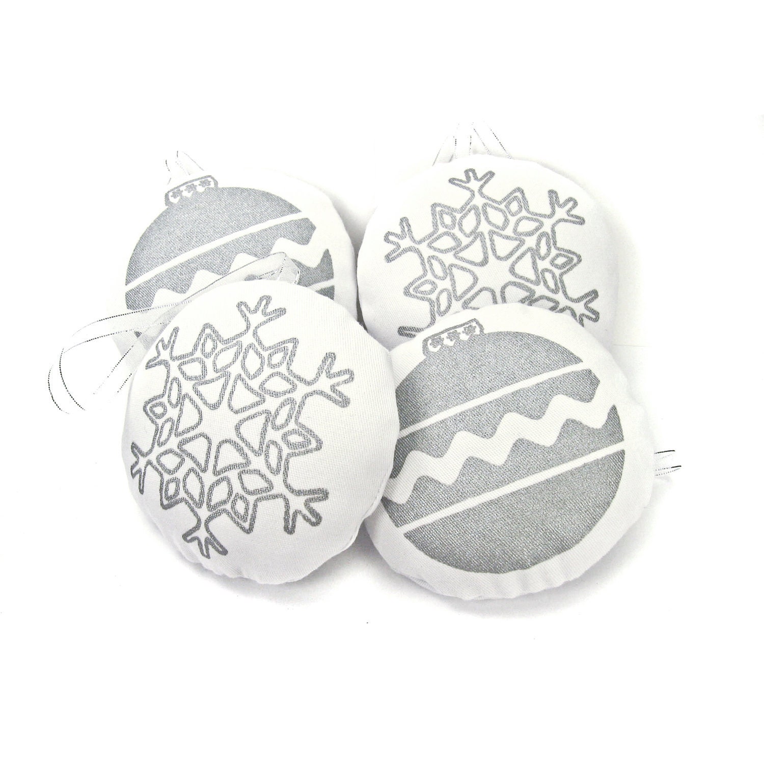 Christmas ornament set - Silver ornament and snowflake print and white fabric ornaments - Set of four (4)