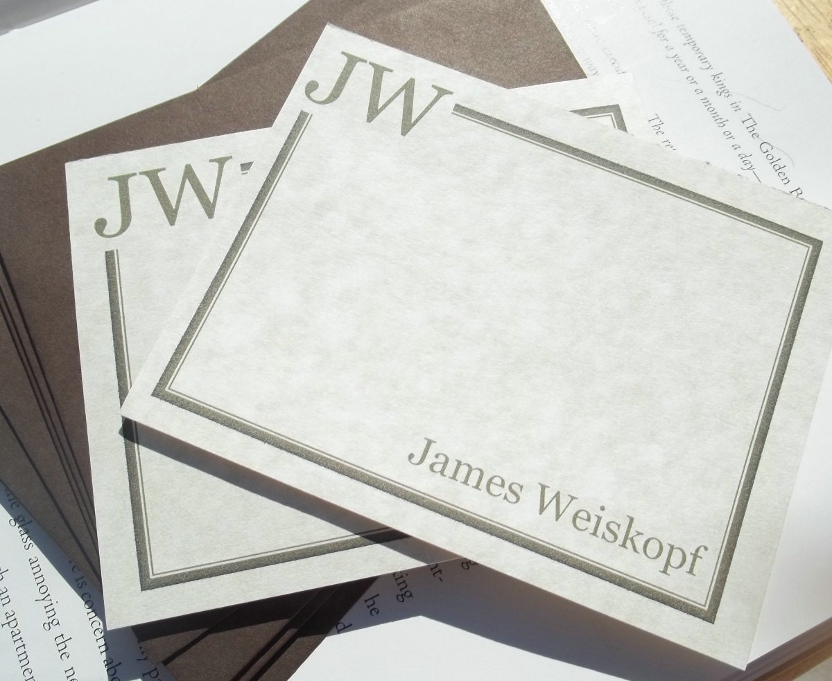 Perfect for Father's Day--Classic Monogrammed  Personalized Stationery.Set of 10 Flat cards with 10 Chocolate Brown Envelopes.