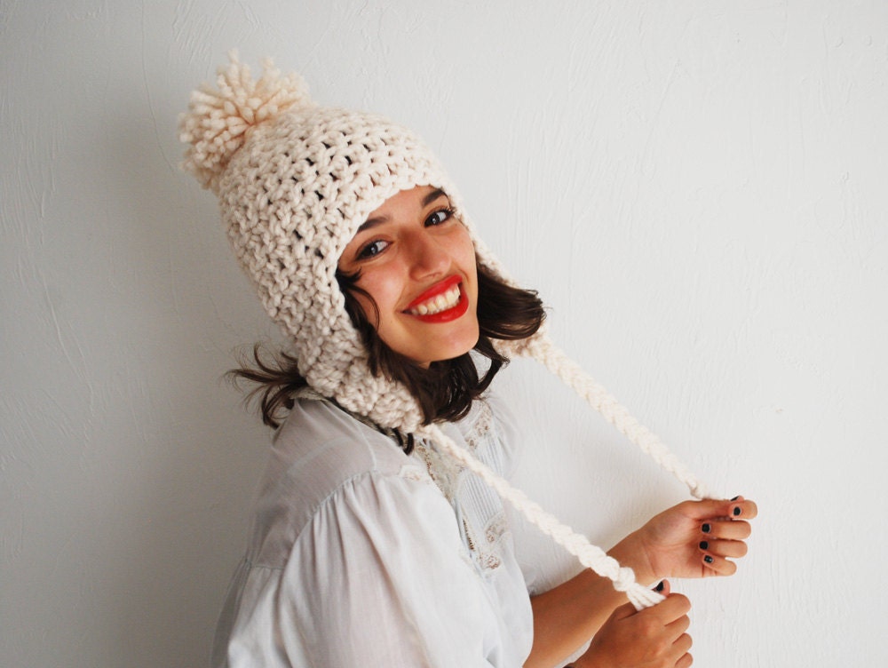 Pom-Pom Ear Flap Hat Hand Crocheted in Fisherman Wool Blend - MADE TO ORDER