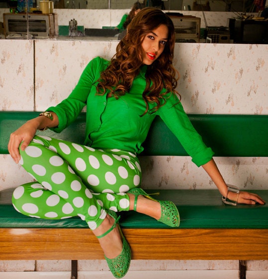 Womens Green Spot Print Leggings S/M