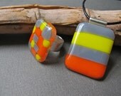 Fused Glass Necklace and Ring Set -Orange, Gray, Yellow