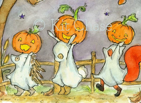 Children's Holiday Art Print  a vintage inspired, whimsical spookable by trafalgarssquare Happy Halloween  5X7
