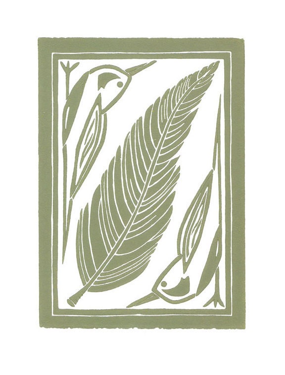Birds and a Feather original block print 5x7, sage ink