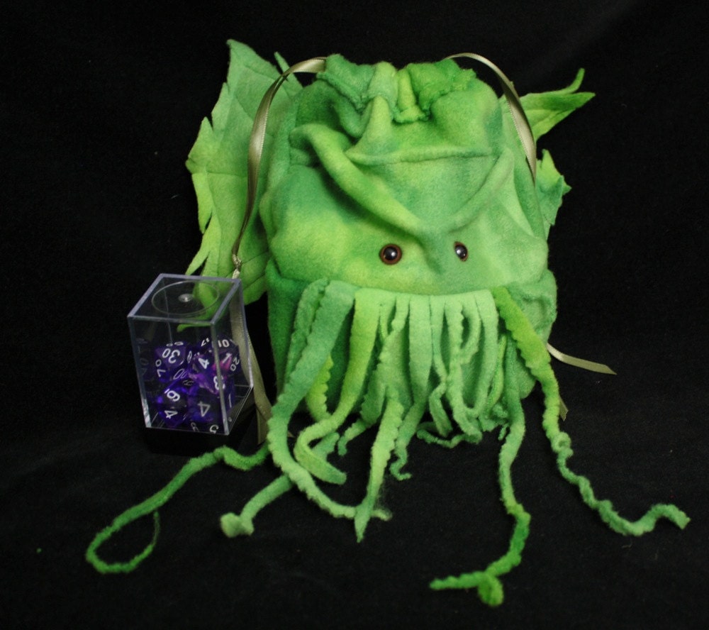 large Cthulhu drawstring dice bag- Wristlet Purse- for Lovecraft fans- Dungeons and Dragons dice or Warhammer miniatures custom made