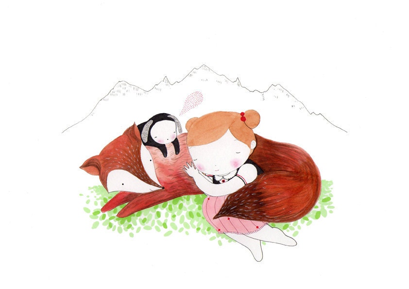 Woodland Children's Illustration - Sleeping girl with mamma Fox