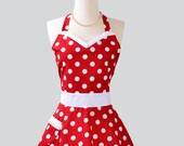 Womens Sweetheart Hostess Apron : Cute Retro Ruffled Sweetheart in Red and White Polka Dot