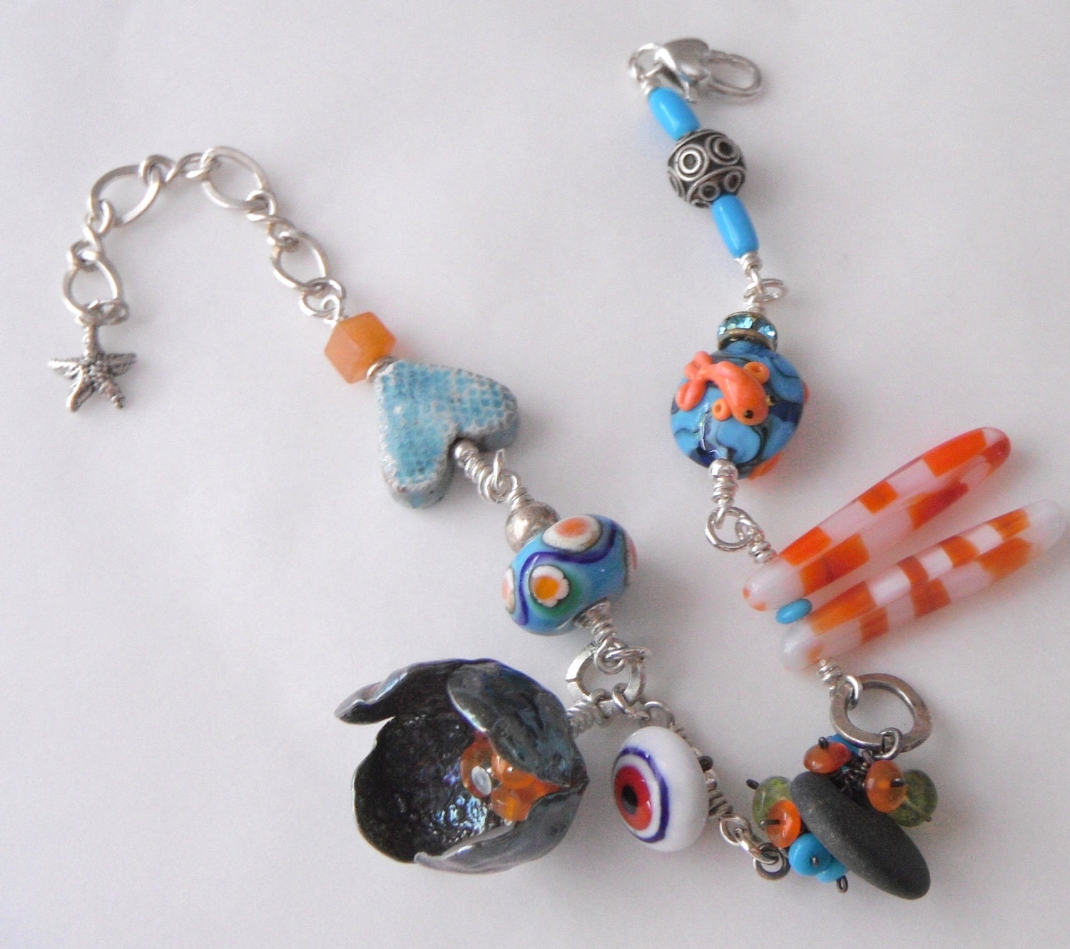 Orange and Turquoise bracelet- Free Shipping Etsy- fine silver flower pod, vintage button, lampwork, and stone beads gift under 100