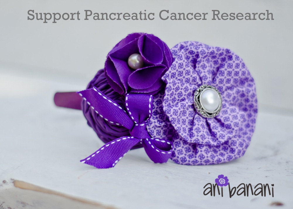 Fabric Flower Purple Trio Ani Banani Headband. "The Carmen" Help Support Pancreatic Cancer Research