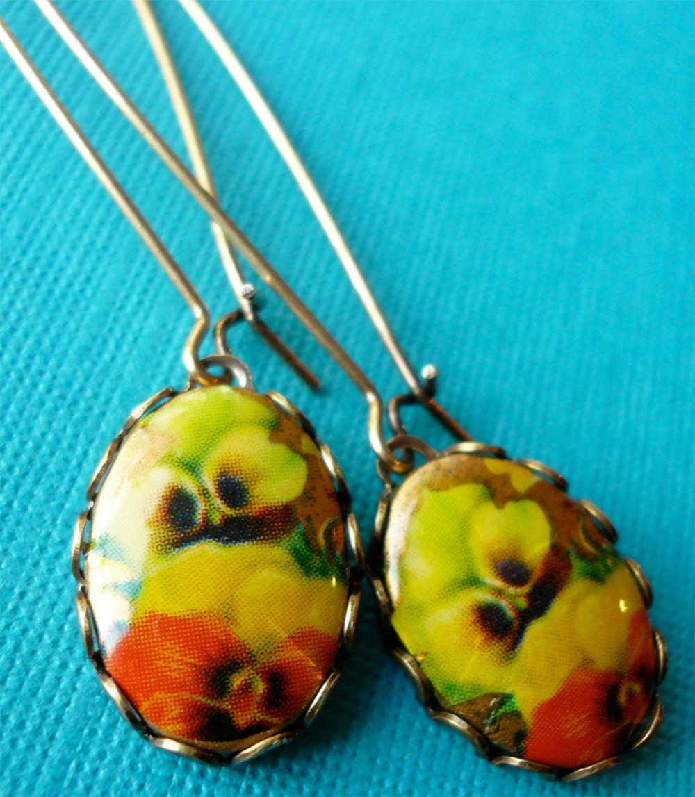 Vintage Pansies Floral Oval Earrings, Red and Yellow