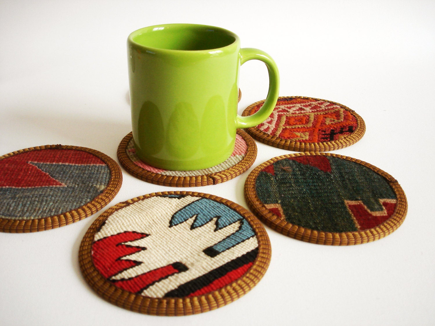 Sukan / Hand Woven - Turkish Antique Kilim Cups Coasters - 6 pcs