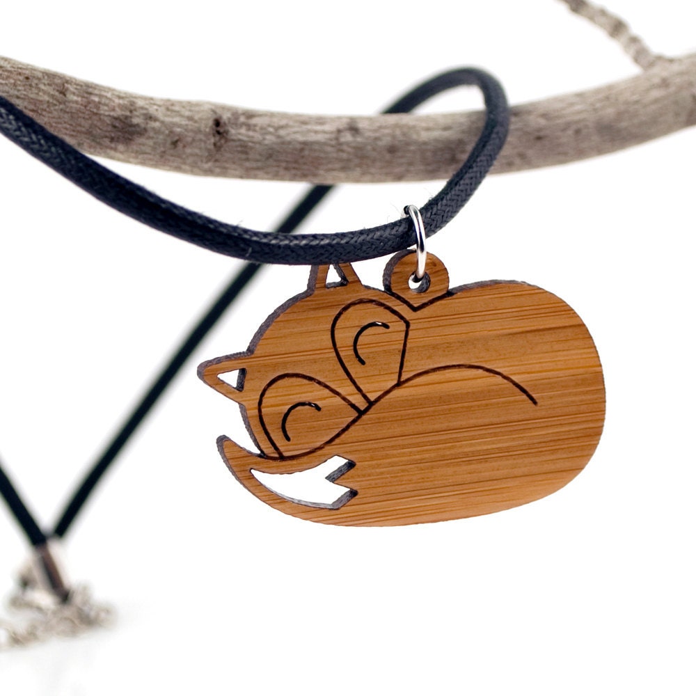 Fox Pendant Necklace: Bamboo Wooden Fox Charm Jewelry on Cord, Amber Wood