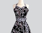 Womens Sweetheart Hostess Apron , Feminine Retro Ruffled Sweetheart Neckline Bold and Sassy from Michael Miller Surf Collection
