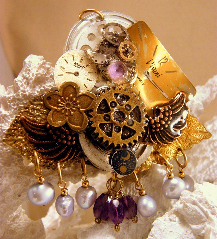 Lovely Steampunk Brooch/ Pin with Amethysts and Freshwater Pearls