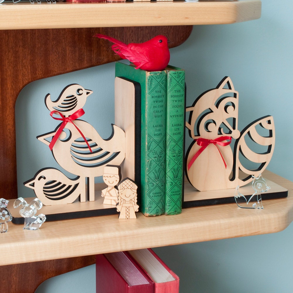 Baby Wood Bookends: Bird Raccoon Fox Bunny Squirrel Acorn Owl Hedgehog Snail, Mix / Match (2)