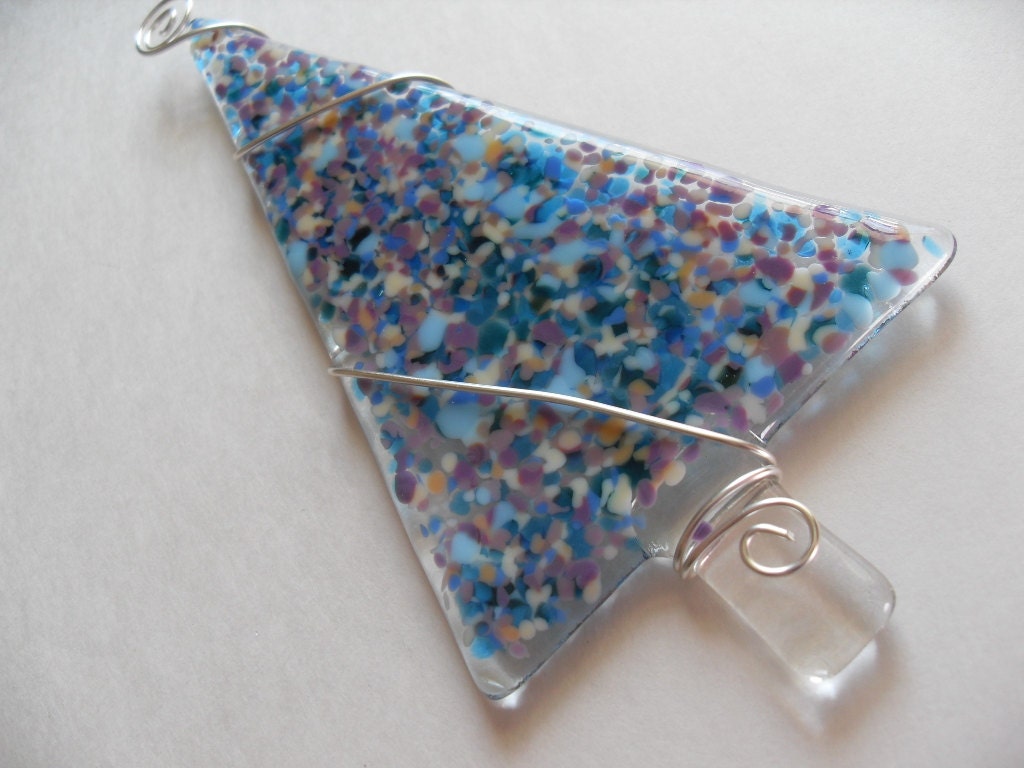 Turquoise and Pink Christmas tree glass fused ornament