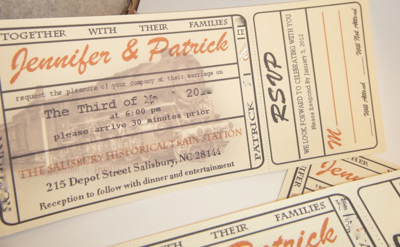Wedding Invitations, antique train ticket style, custom order