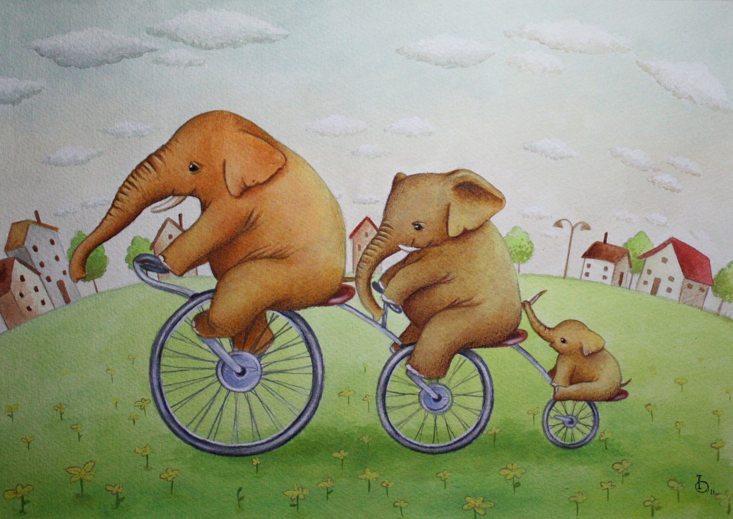 Baby Nursery Art Print Elephant Family Painting