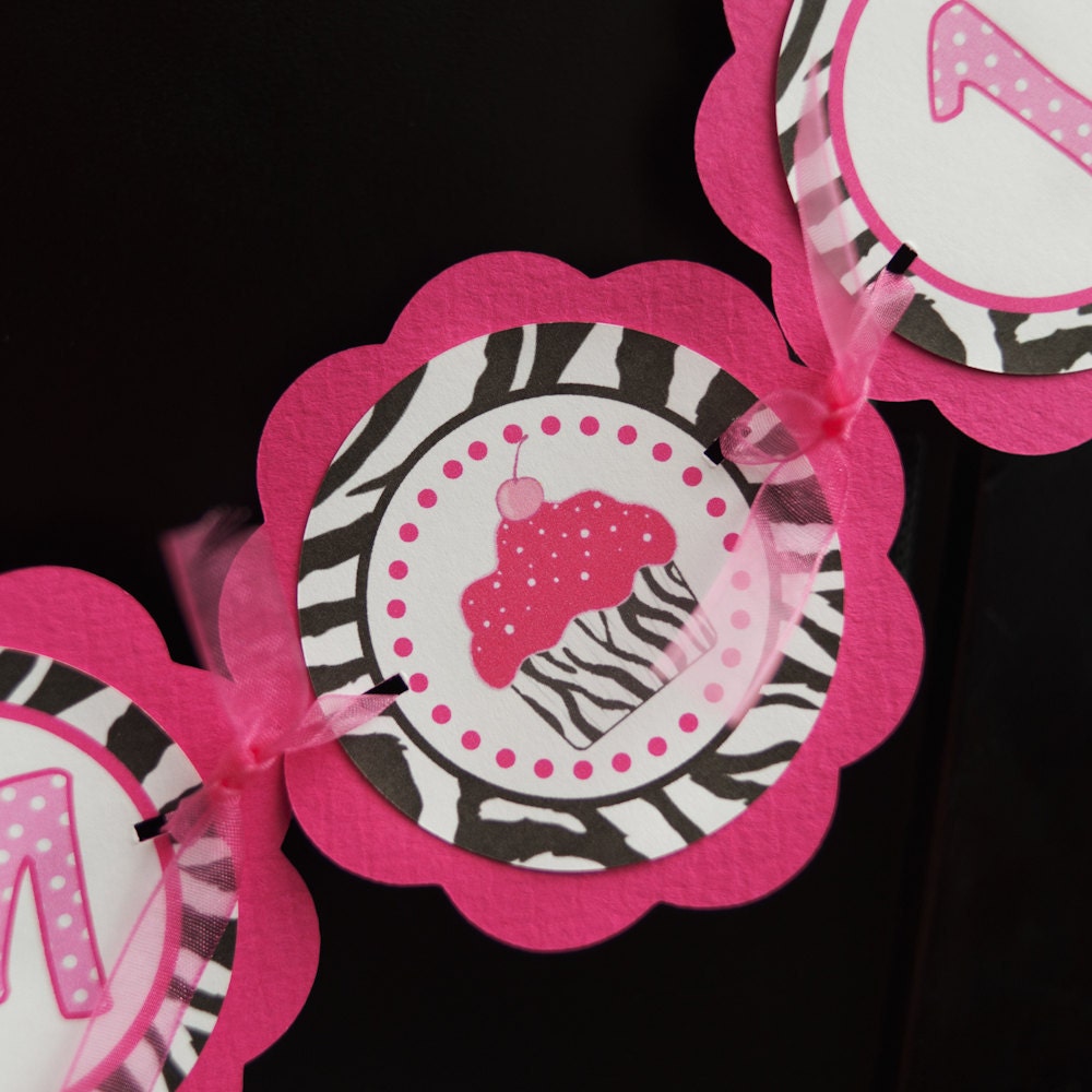 Cupcake Pink and Zebra -  I AM 1 Mini Banner - Happy First Birthday Party Decorations Sign