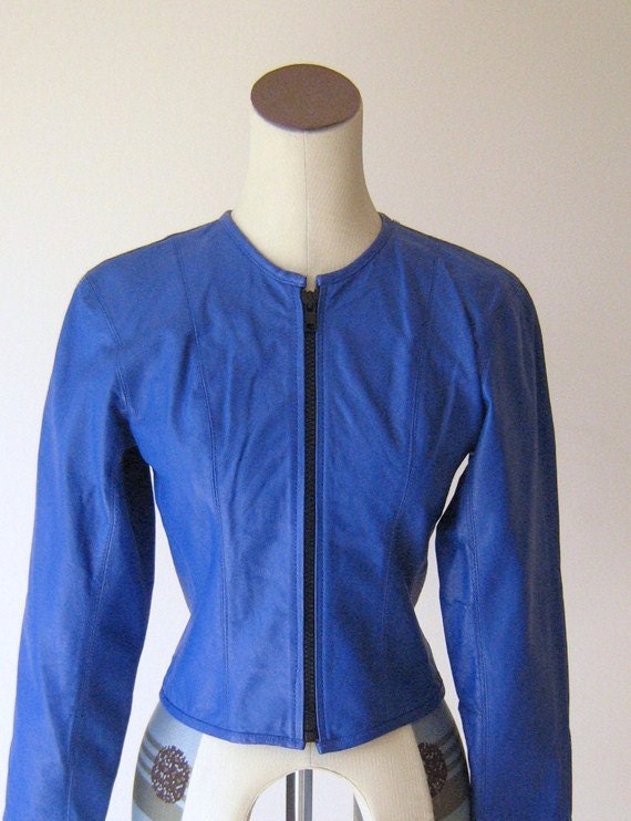 Bright Blue Leather Jacket Coat Top New Wave 1980's Chia XS