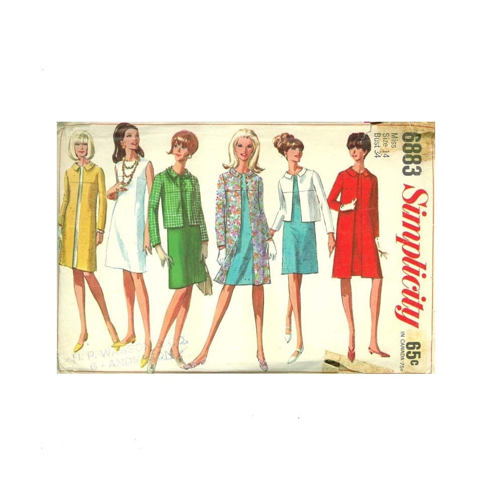 Simplicity 6883 Sewing Pattern Coat Jacket Dress Separates 1966 Missy Size 14 womens size 2