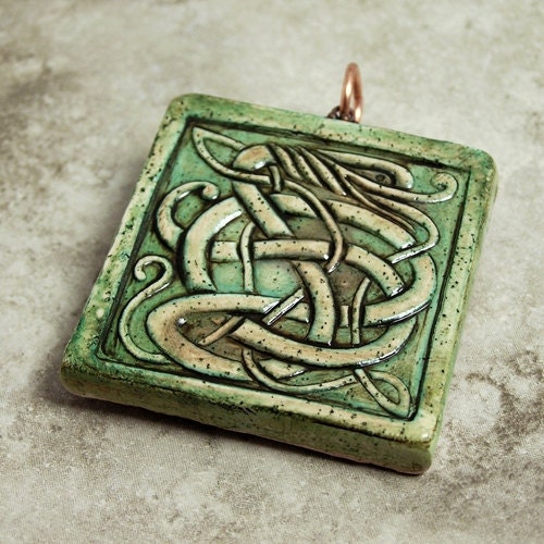 SALE Celtic Green Dragon, Large Polymer Clay Pendant