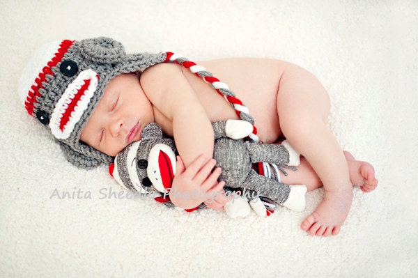 Newborn White, Red & Dark Gray Sock Monkey Earflap Hat with Matching Doll - Photography Prop