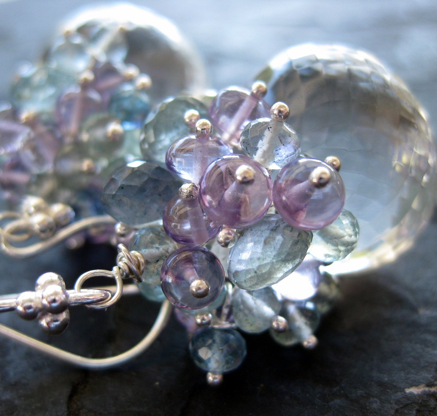 Amethyst, moss aquamarine earrings, crystal quartz --Giverny--