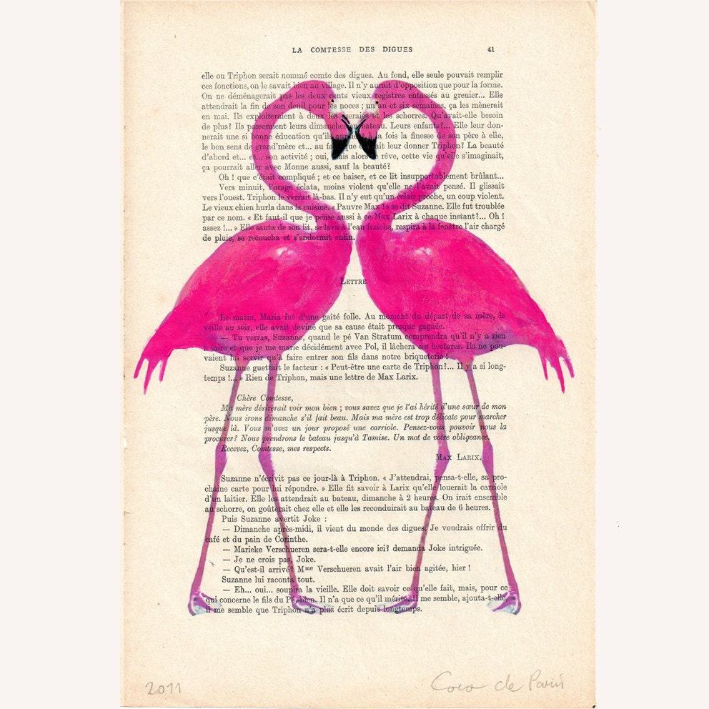 Flamingo heart- ORIGINAL ARTWORK Hand Painted Mixed Media on 1920 famous Parisien Magazine 'La Petit Illustration'