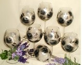 Wine Glasses Goblets Set of 8 - Hand Painted Black and Metallic Silver Roses -  25th Wedding Anniversary Goblets Large 18 oz