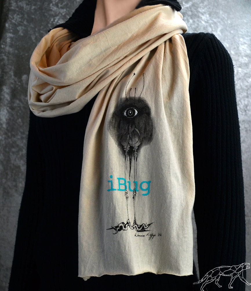 Geeky Funny Insect iBug Scarf Creme Stretch Cotton Jersey Unisex Long Scarf, in Aqua and Black